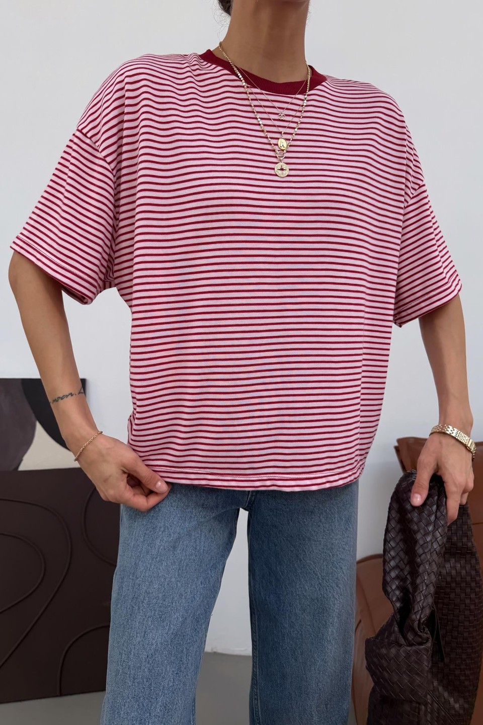 Kontrast Yaka Çizgili Tshirt Pembe