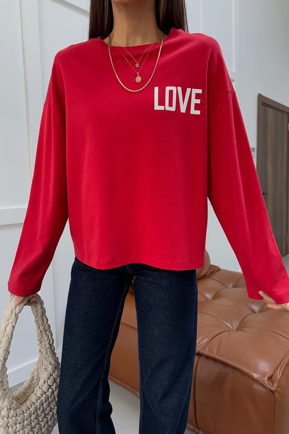 Uzun Kollu Love Tshirt Kırmızı
