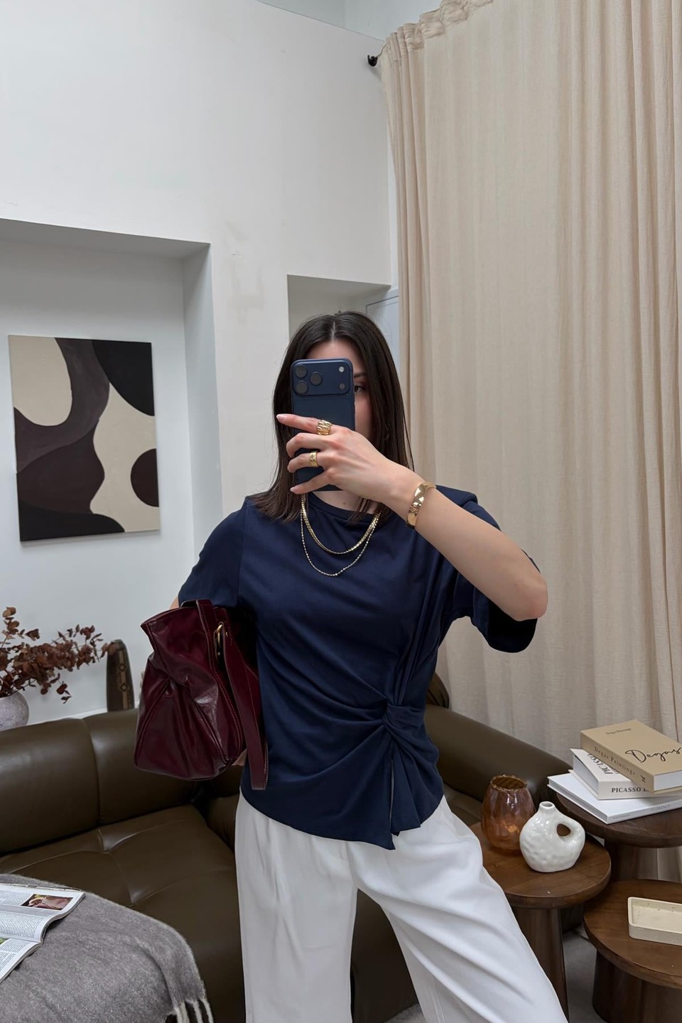 Vatkalı Ön Büzgü Detay Tshirt Lacivert