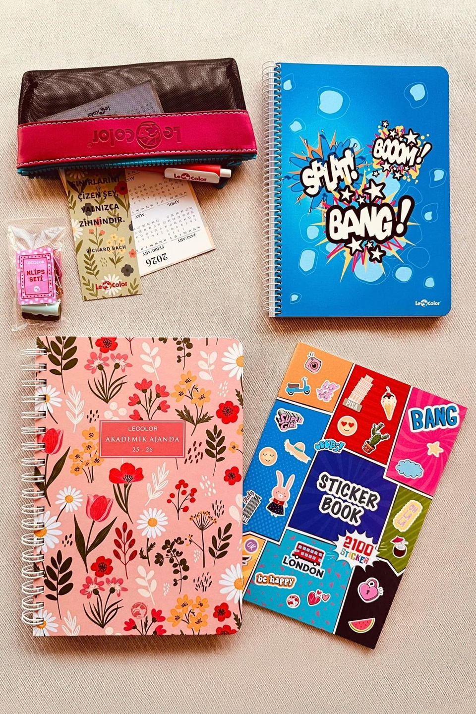 Akademik Ajanda Spring + Kareli A5 Defter + Sticker Book + Klips + Kalem Kutu + Kalem + Kitap Ayracı + Takvim