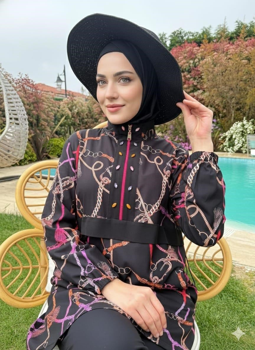 MOODBASİC SWİMWEAR PÜSKÜL ZİNCİR DESENLİ TESETTÜR MAYO