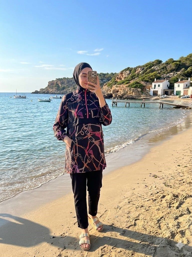 MOODBASİC SWİMWEAR PÜSKÜL ZİNCİR DESENLİ TESETTÜR MAYO