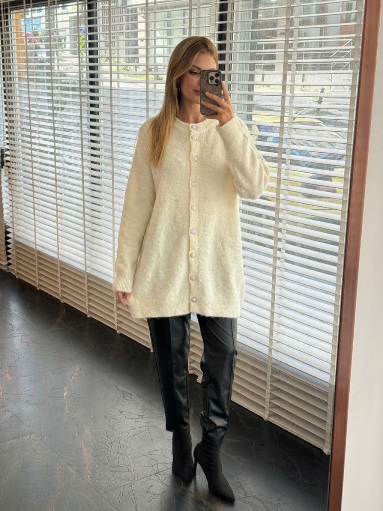 MOODBASİC Taşlı Düğmeli Angora Triko Hırka