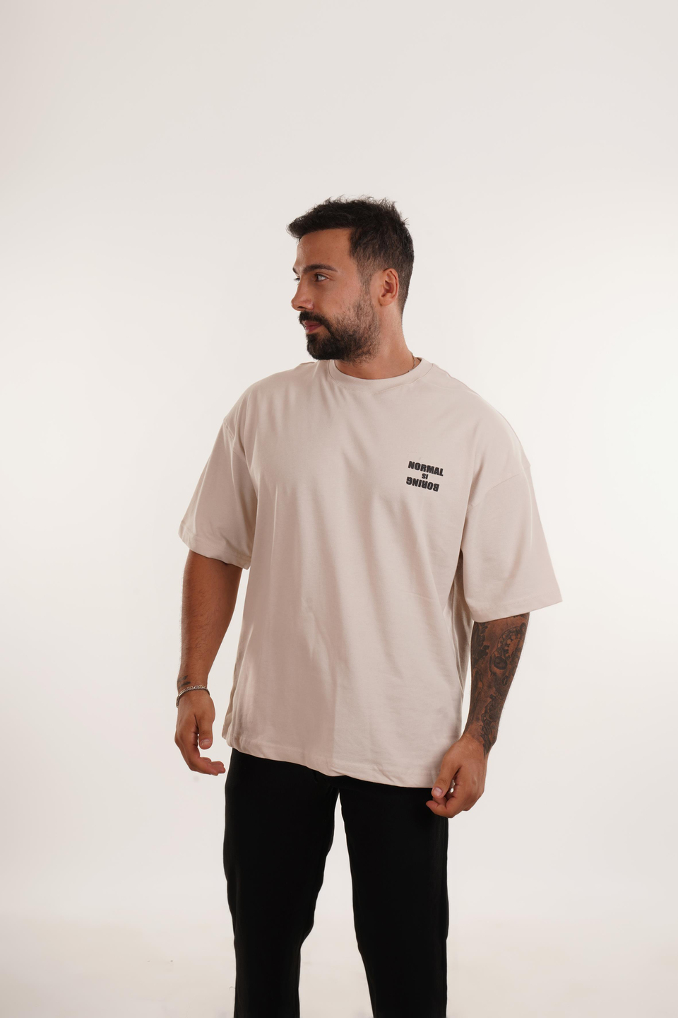 BASKILI TSHİRT MODELLERİBej Normal İs Boring Baskılı Oversize T-SHIRT VMS 40680