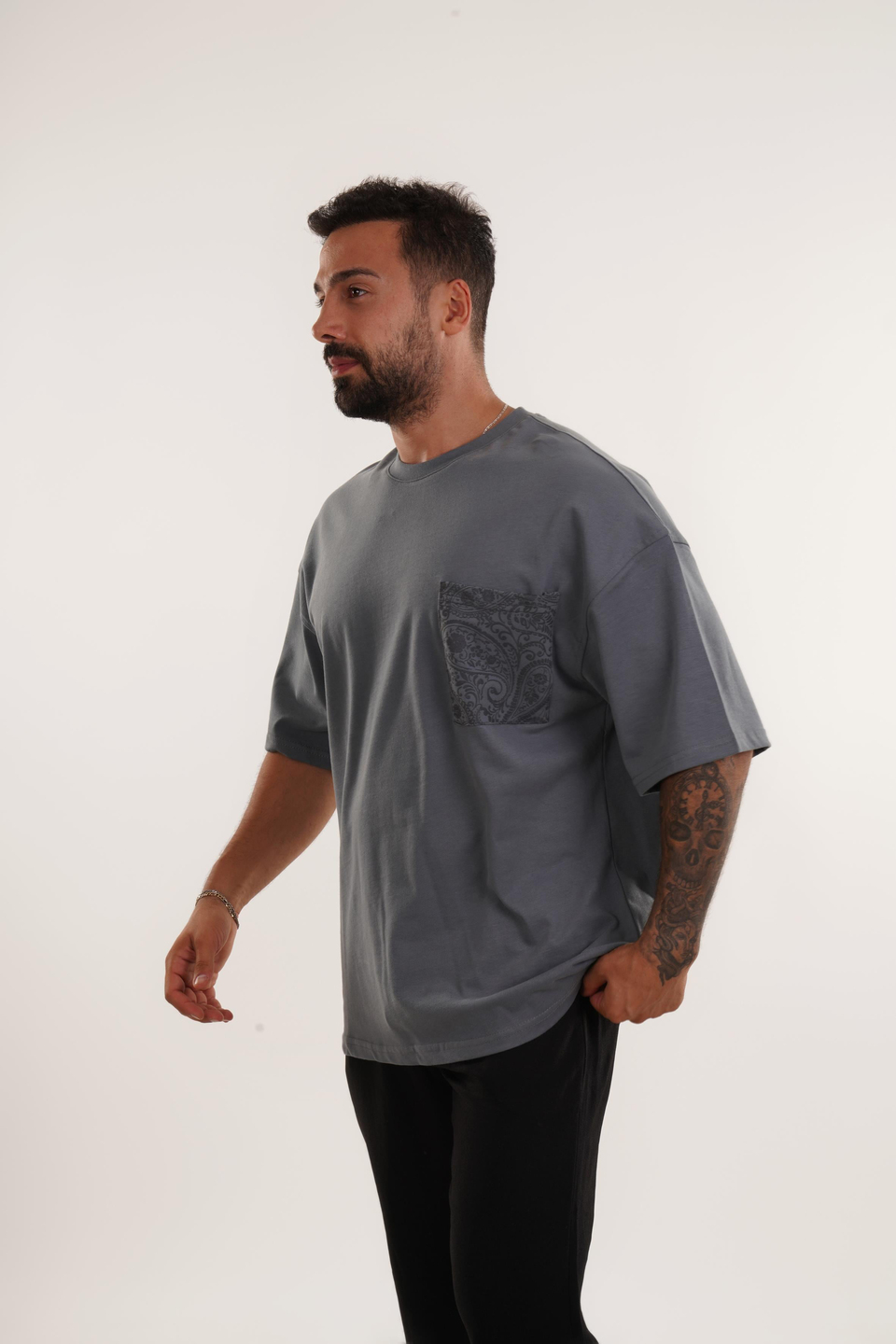 BASKILI TSHİRT MODELLERİFüme Ön Cep Kabartma Desenli Oversize T-SHİRT VMS 40562