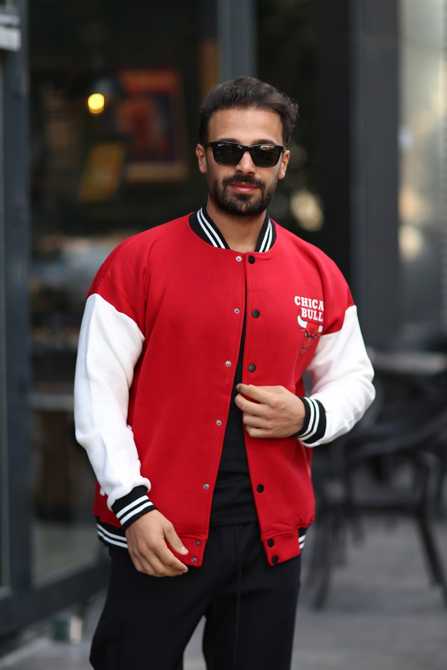 CEKETGövde Kırmızı Kolları Beyaz Bulls Nakışlı Kolej Ceket