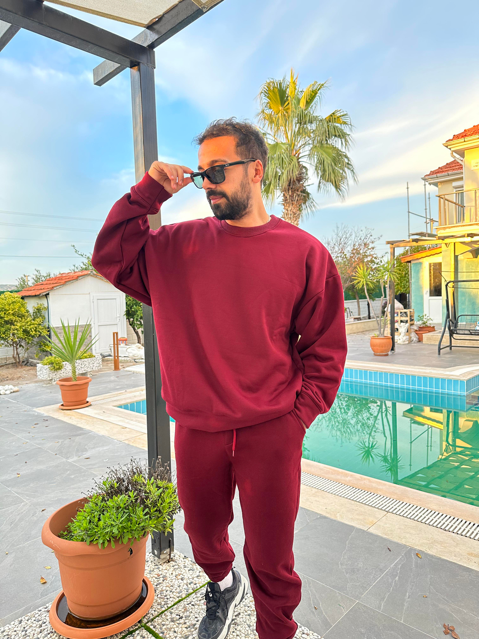 EŞOFMAN TAKIMIBordo 3 İplik Bisiket Yaka Şardonlu Alt Üst Eşofman Takımı