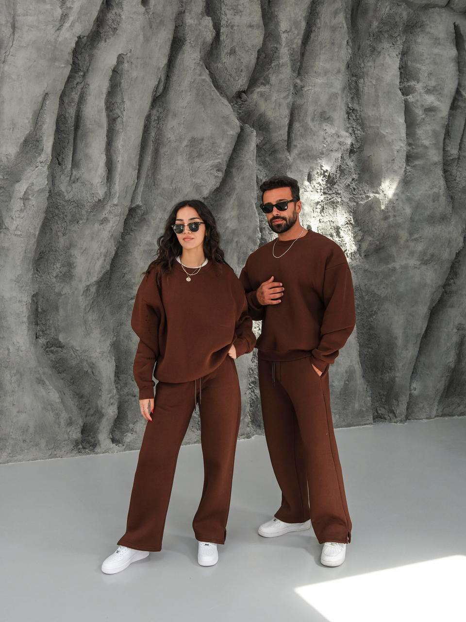 Eşofman TakımıKahve 3 İplik B.Yaka Sweat Baggy Oversize Compak Alt Üst Takım SC