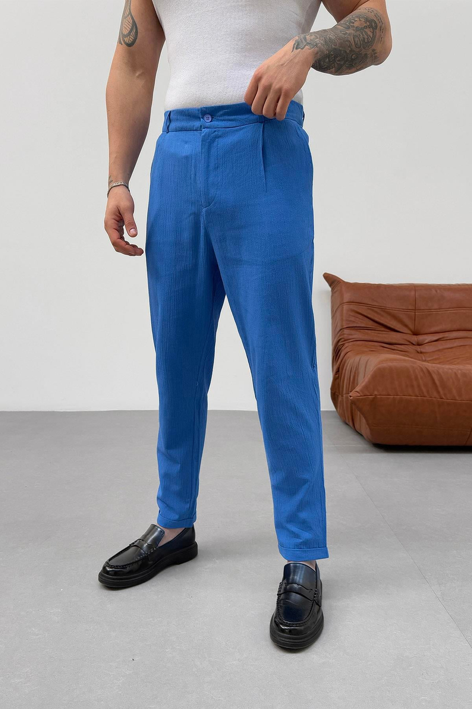 EşofmanSaksmavi Müslin Krinkıl Double Paça Baggy Pantolon PNC 4044