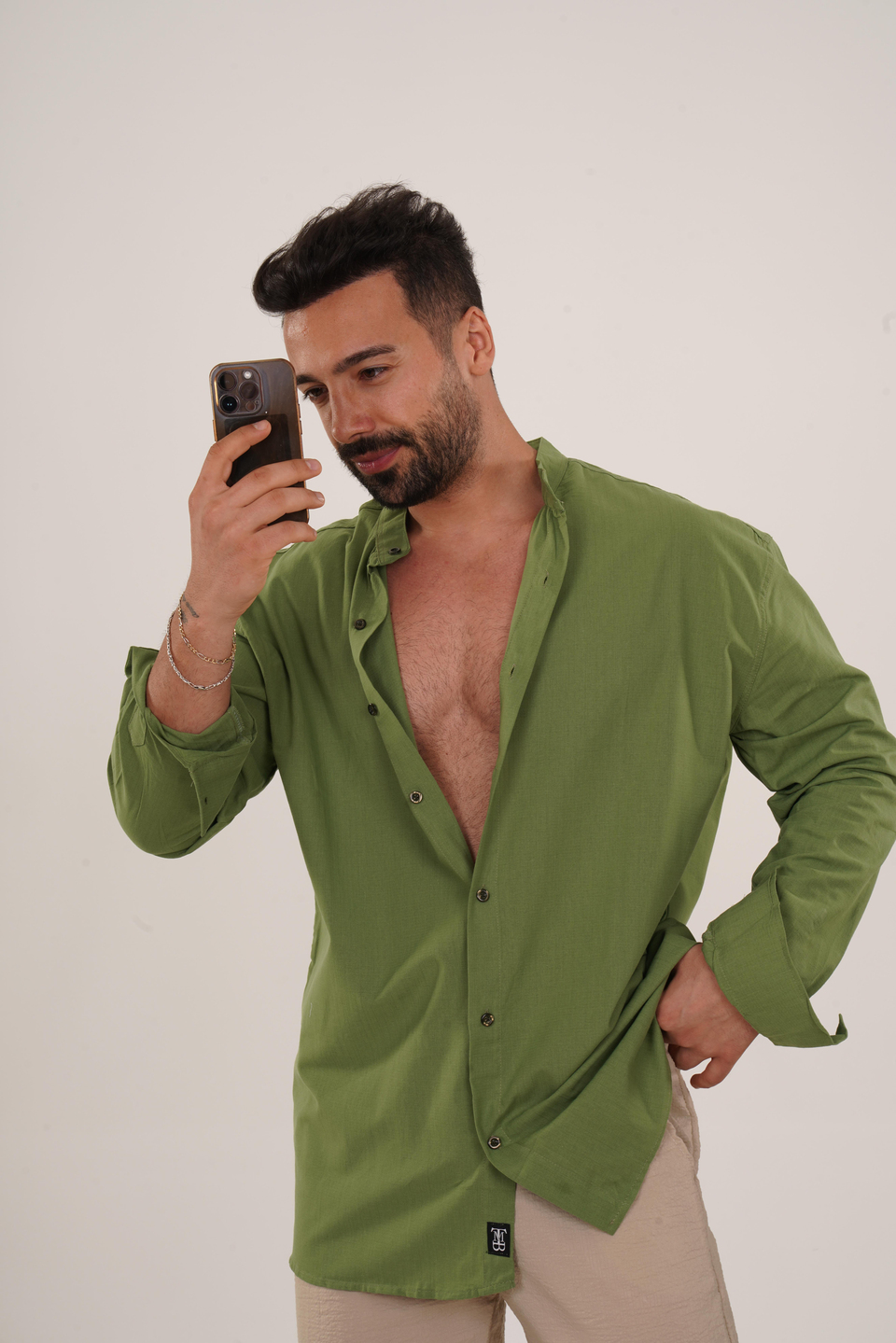 GÖMLEKAçık Yeşil Hakim Yaka Keten Gömlek TB