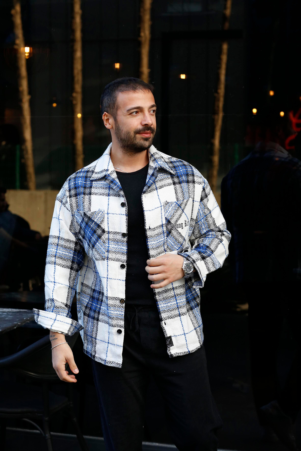GÖMLEKBeyaz Mavi JUDGEMENT Baskılı Oversize Kesim Oduncu Gömlek PLZ-10