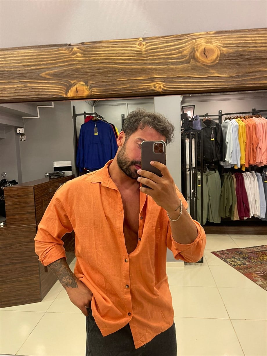 GÖMLEKErkek %100 Keten Turuncu Oversize Gömlek