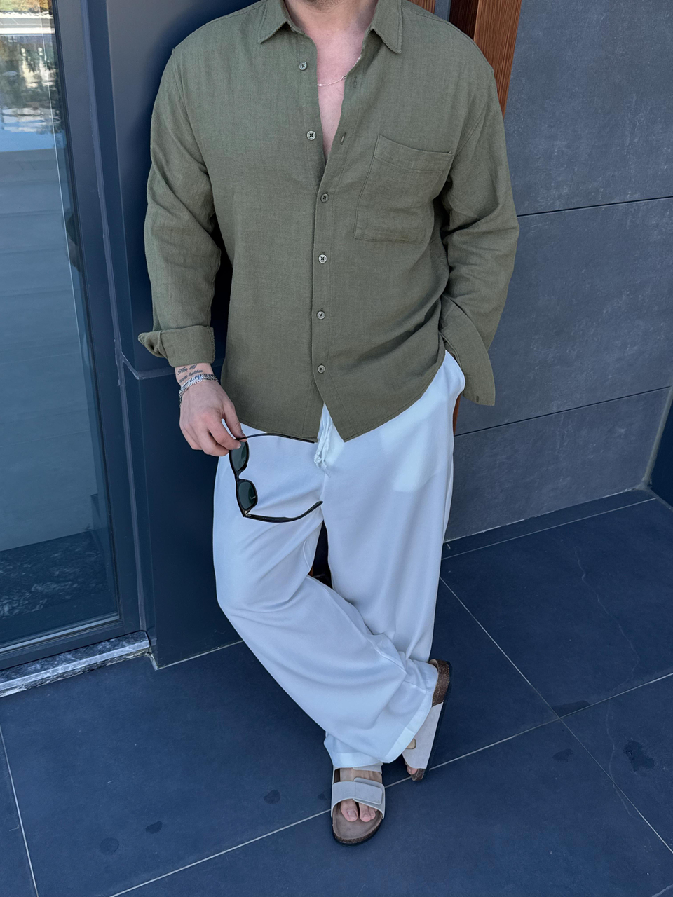 GÖMLEKHaki Göğüs Cepli Ham Keten Oversize Gömlek PNC 2550