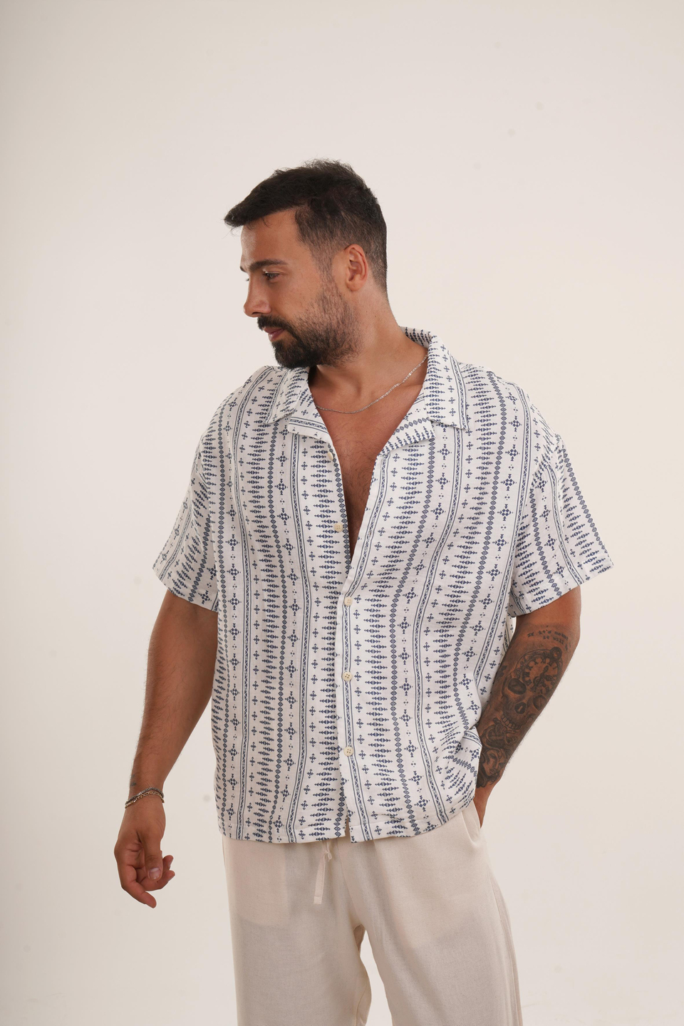 GÖMLEKİndigo Etnik Desen Oversize Keten Gömlek EST E70174