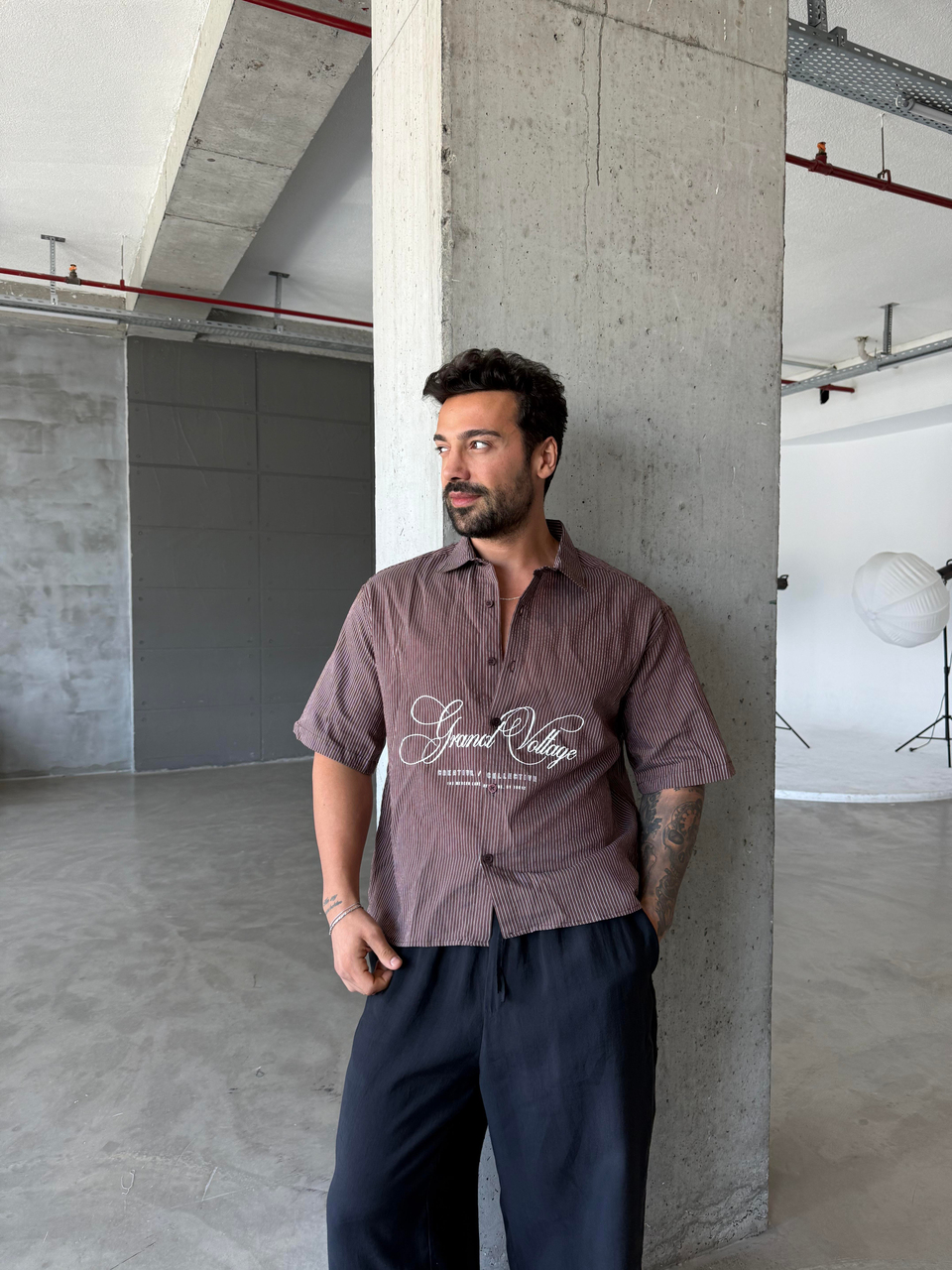 GÖMLEKKahve Voltage Nakış Çizgili Boxy Gömlek PNC 2590