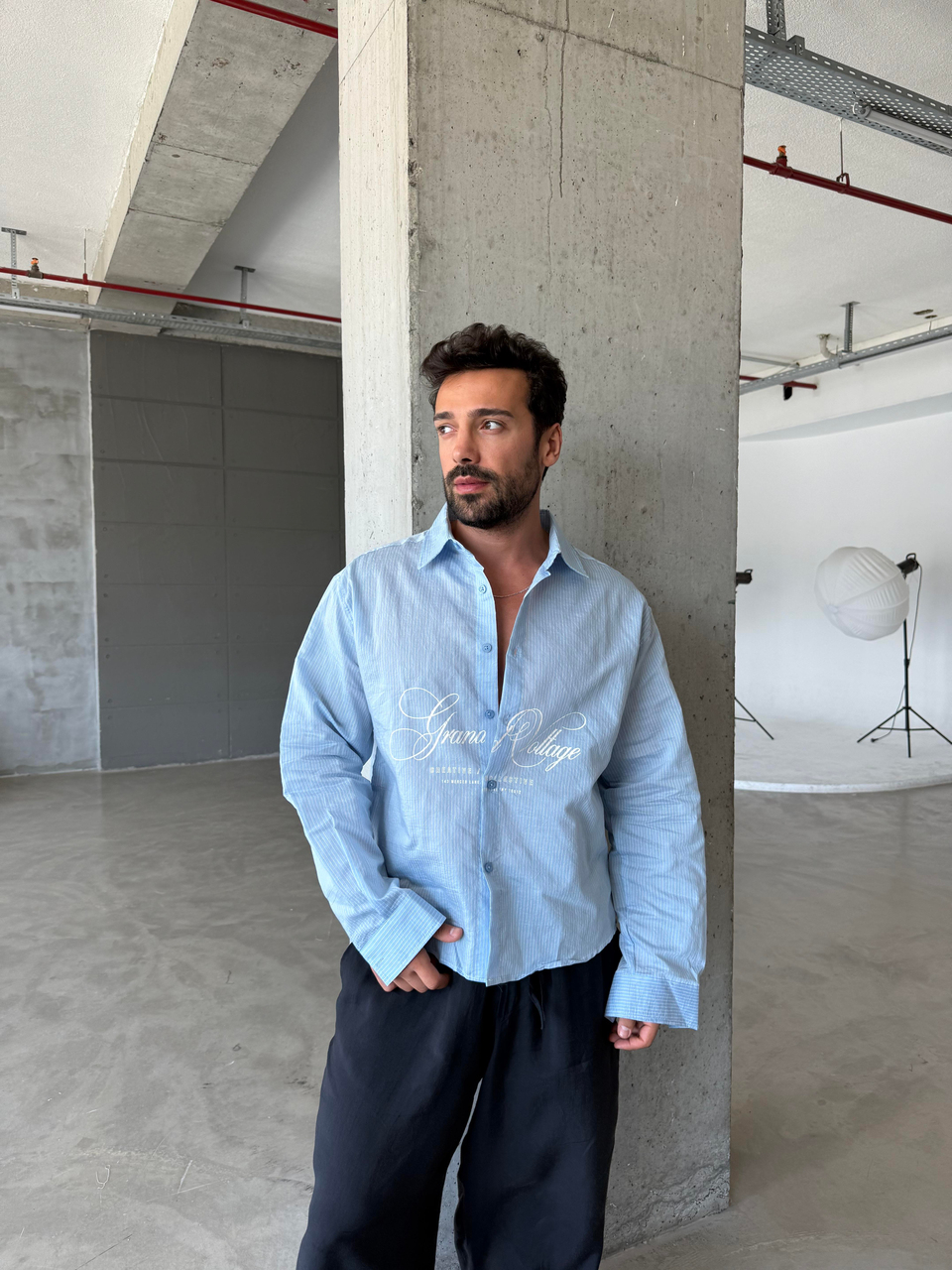 GÖMLEKMavi Voltage Nakış Çizgili Boxy Gömlek PNC 2590