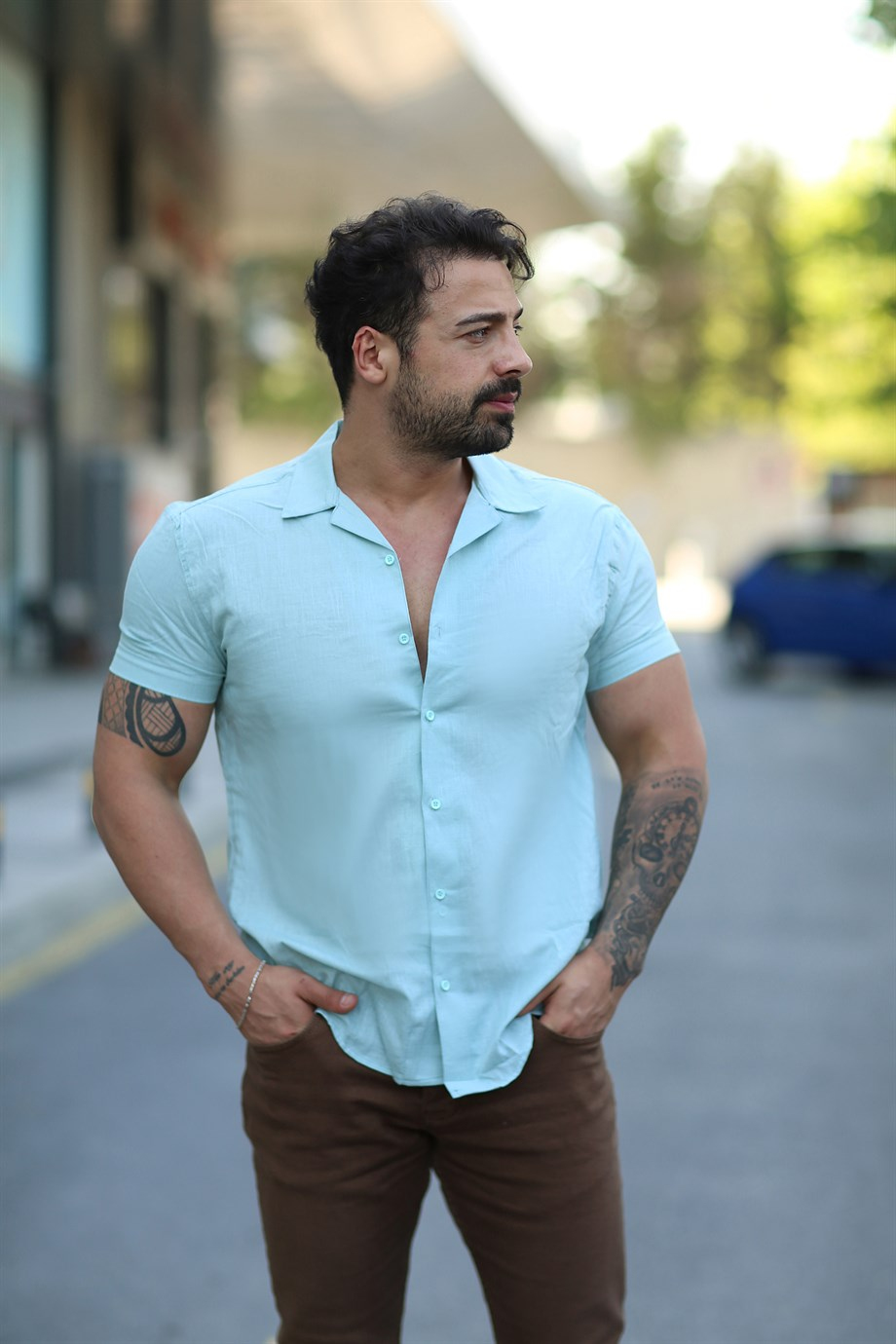 GÖMLEKSu Yeşili Kısakollu Keten Slim Fit Gömlek MSS
