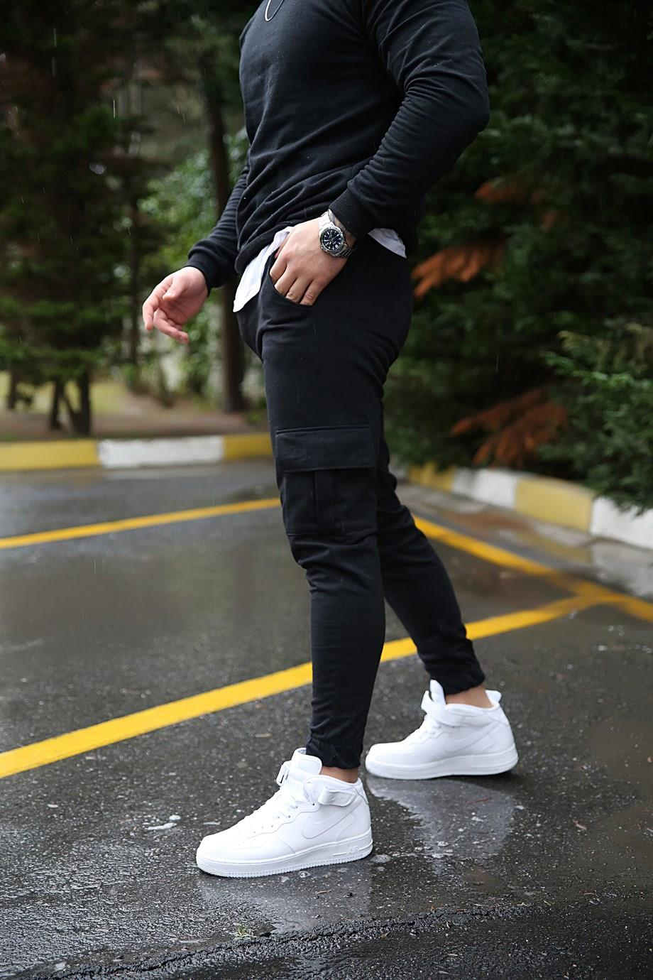 JOGGERErkek Düz Siyah Kargo  Paça Lastikli Jogger