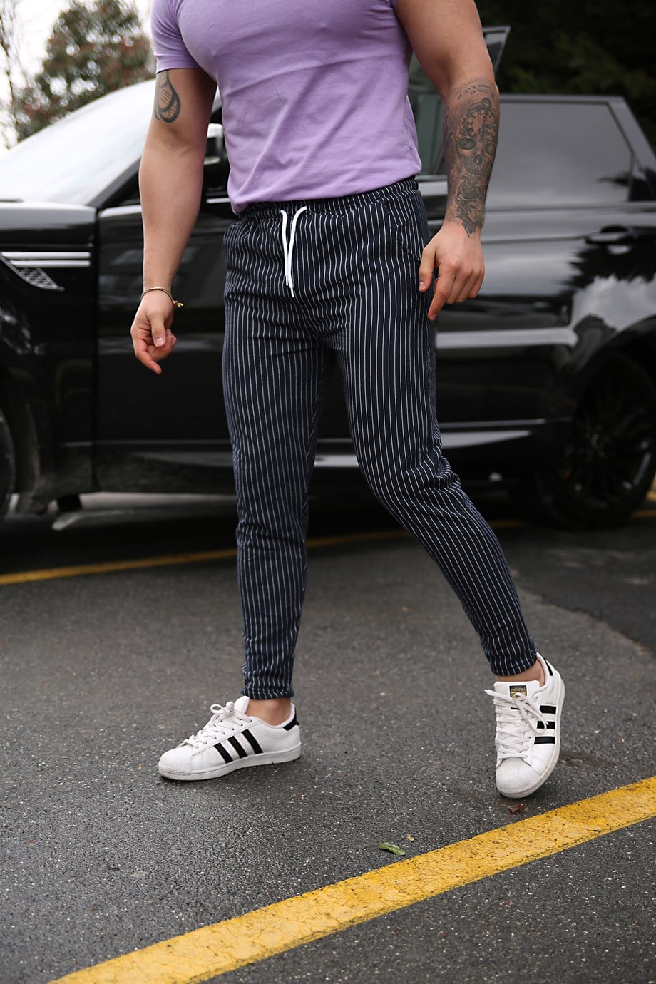 JOGGERErkek Full Dikey Çizgili Lacivert Jogger