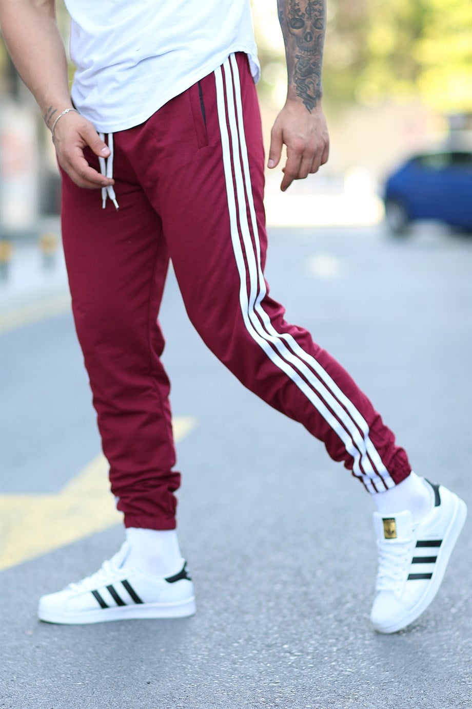 JOGGERErkek Yandan 3 Şeritli Bordo Jogger
