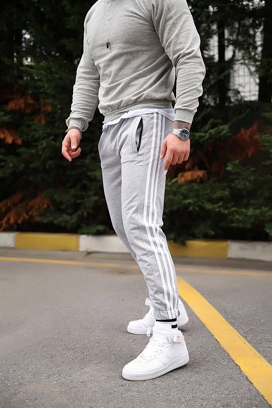JOGGERErkek Yandan 3 Şeritli Gri Jogger