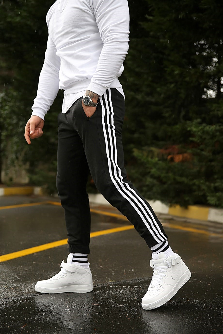 JOGGERErkek Yandan 3 Şeritli Siyah Jogger