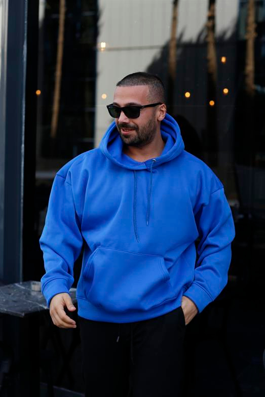 KAZAKSaksmavi 3 İplik Kanguru Kapşonlu Sweatshirt 2024
