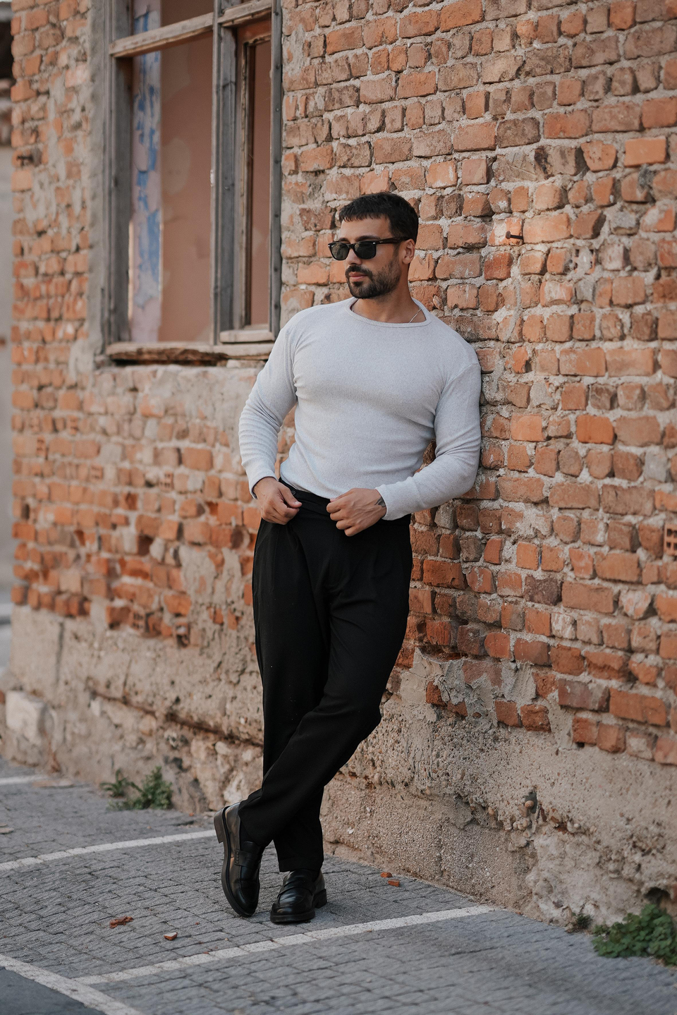KIŞLIK KLASİK KOMBİNLERGri Selanik Kaşkorse Bisiklet Yaka SC, Siyah Tokalı Duble Paça Kumaş Pantolon W11 5035