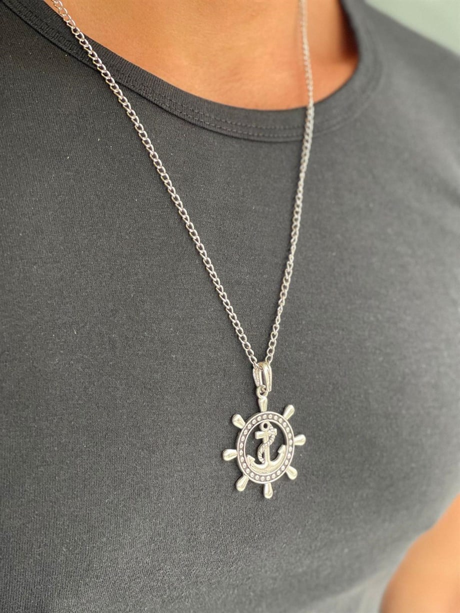 KOLYE Unisex Gümüş Dümen Kanca  Figürlü Paslanmaz Kolye