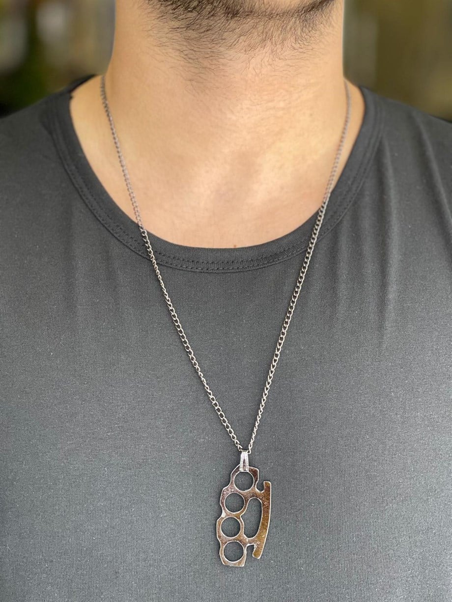 KOLYE Unisex Gümüş Muşta Figürlü Paslanmaz Kolye