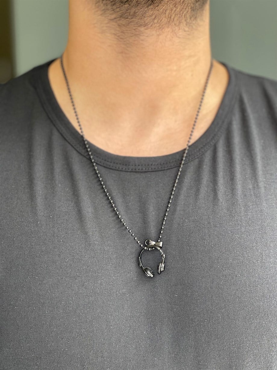 KOLYE Unisex Siyah Kulaklık Figürlü Paslanmaz Kolye