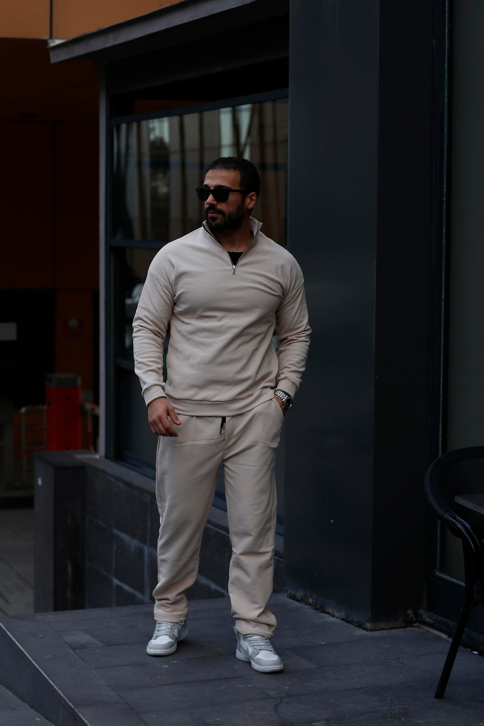 KOMBİNBej Yarım Fermuarlı Ottoman Sweatshirt, Krem 3 İplik Şardonlu Baggy Eşofman KOMBİN