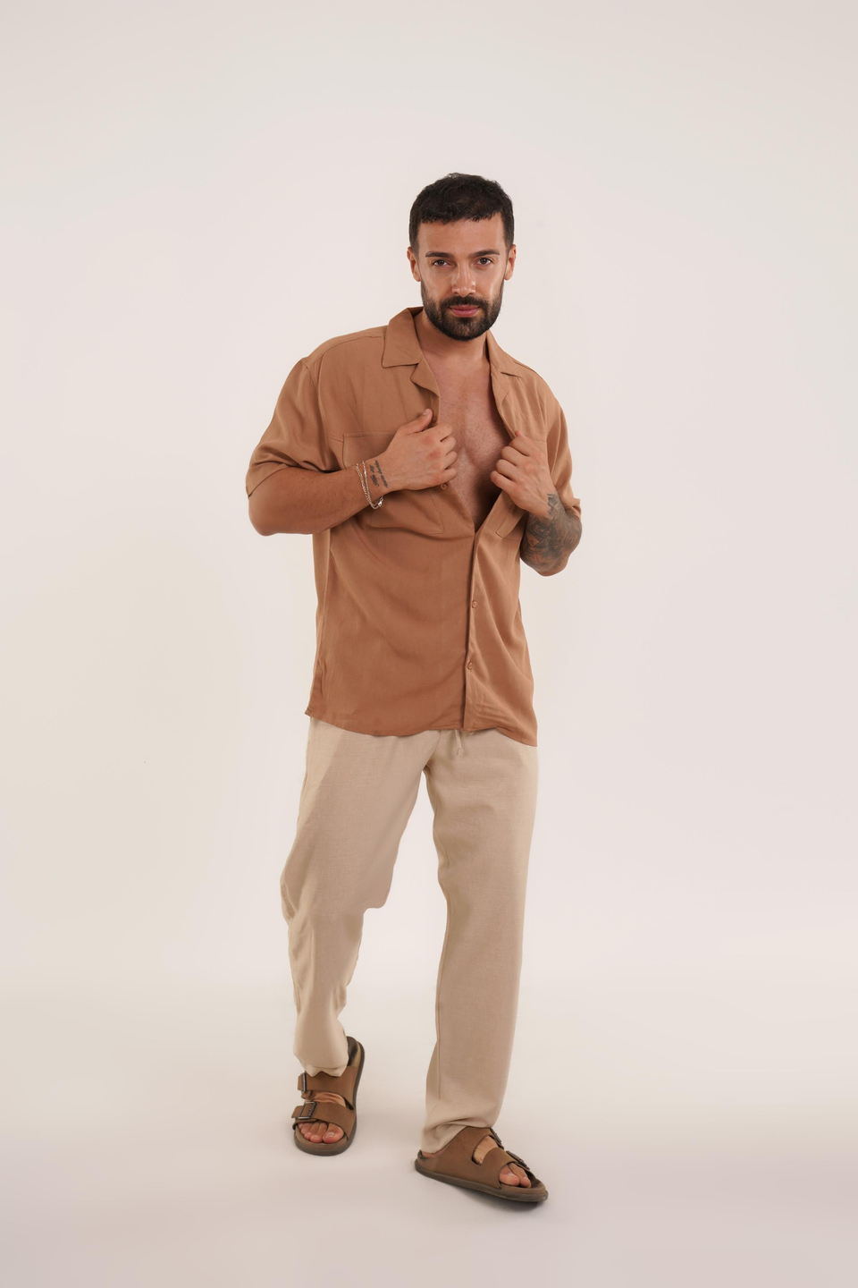 KOMBİNTaba Çift Cepli Keten Gömlek VMS 30258, Bej Keten Baggy Pantolon KNG KOMBİN