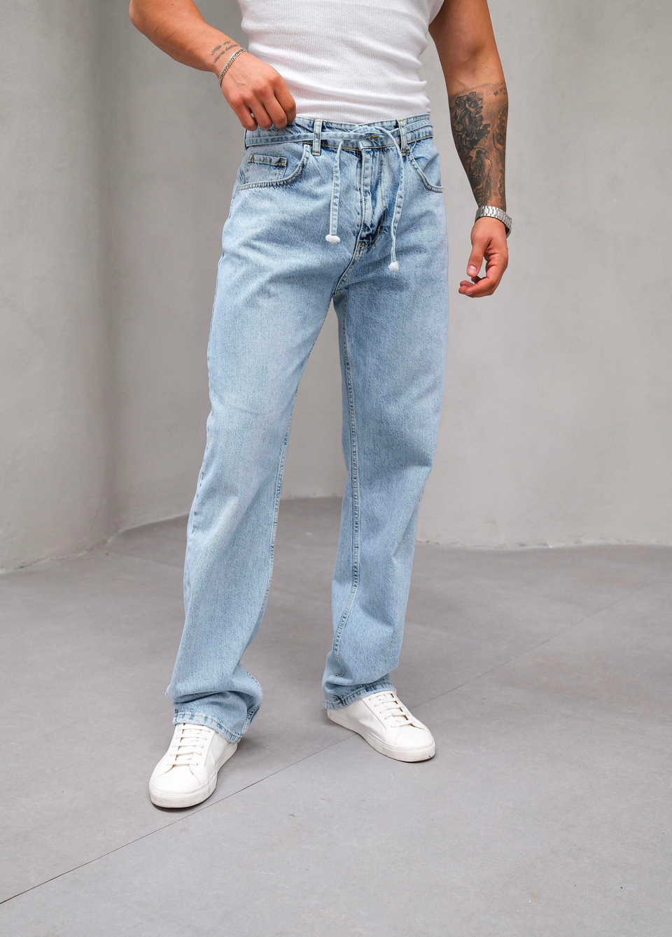 KOT PANTOLONBuz Mavi Taşlamalı Bel İpli Baggy Kot Pantolon MB