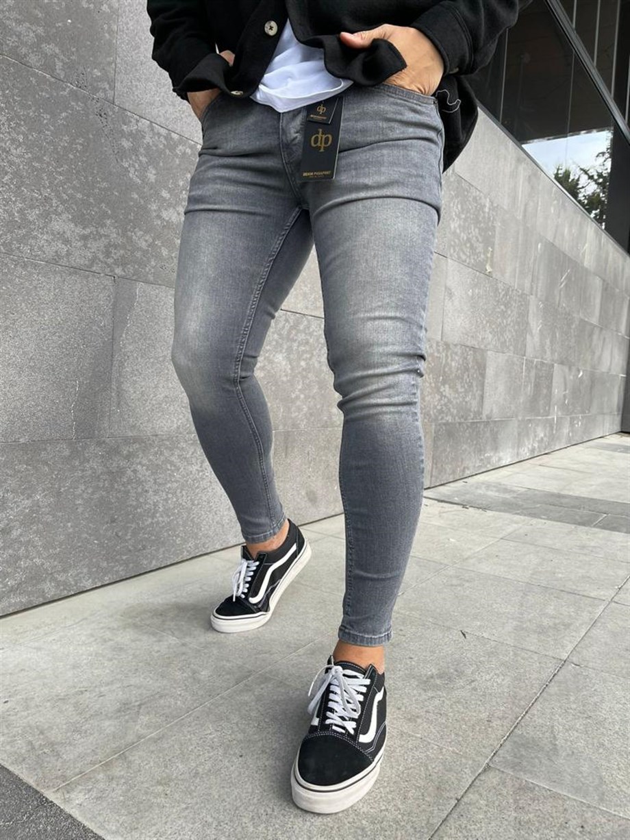 KOT PANTOLONErkek Gri Taşlanmış Slim Fit Kot Pantolon 