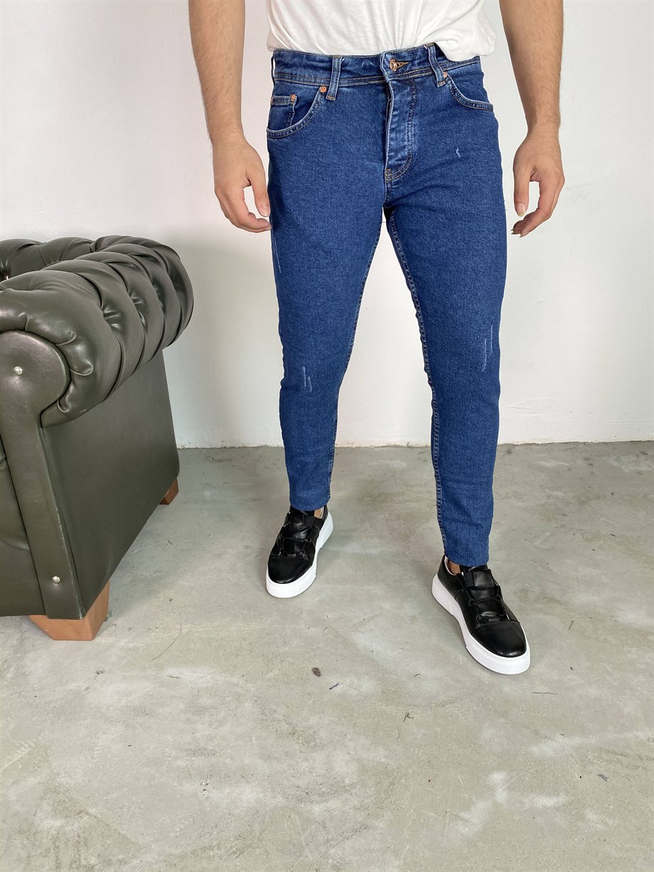 KOT PANTOLONErkek Lacivert Lazerli Slim Fit Kot Pantolon