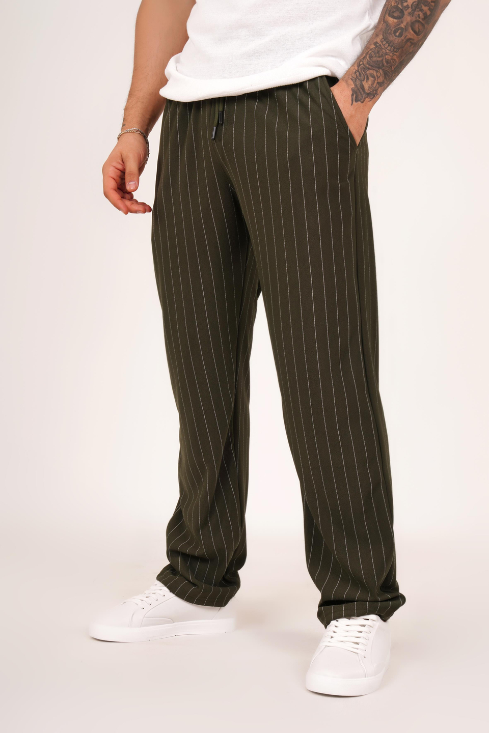KUMAŞ PANTOLONHaki Çizgili krep baggy pantolon 1024