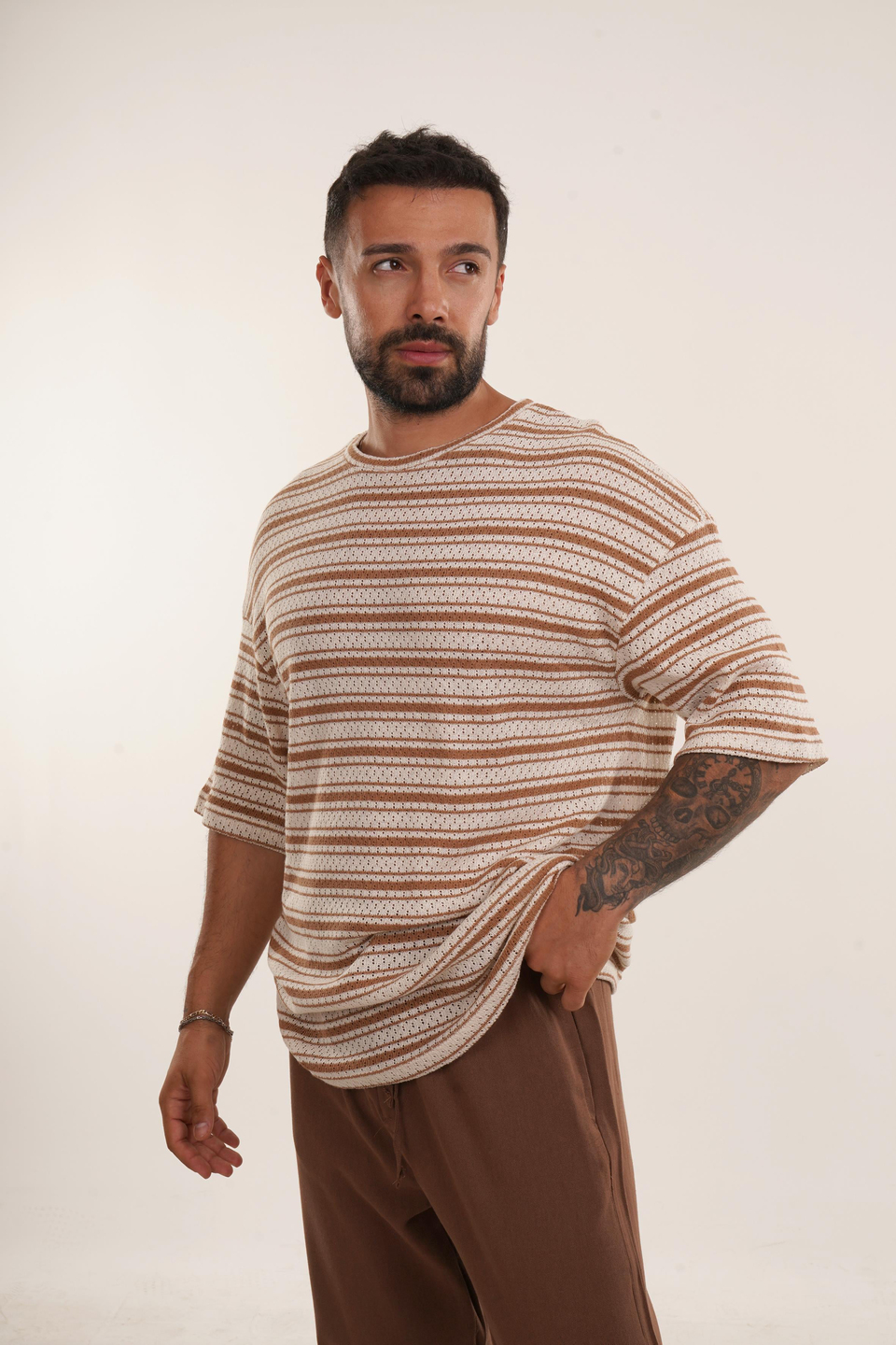 OVERSİZE T-SHİRTCamel Örgü Triko Yatay Çizgili Oversize TSHİRT EST E70074