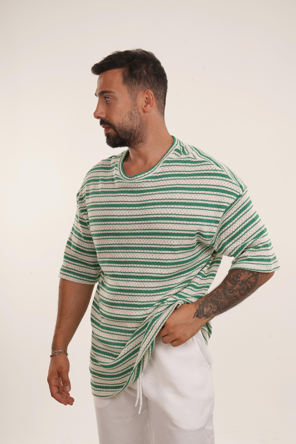 OVERSİZE T-SHİRTHaki Örgü Triko Yatay Çizgili Oversize TSHİRT EST E70074