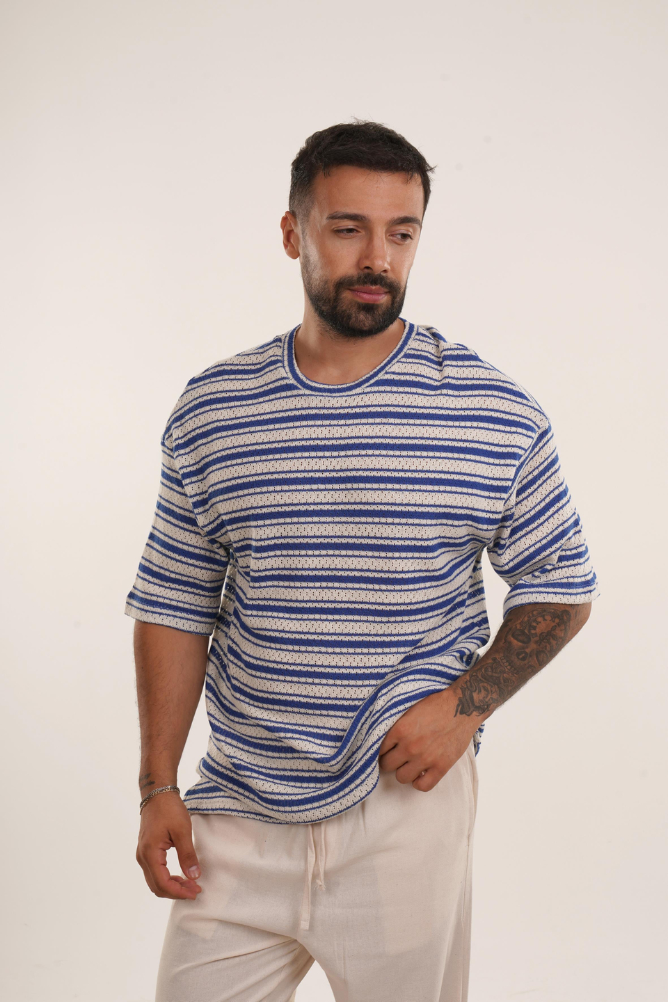 OVERSİZE T-SHİRTSaks Örgü Triko Yatay Çizgili Oversize TSHİRT EST E70074