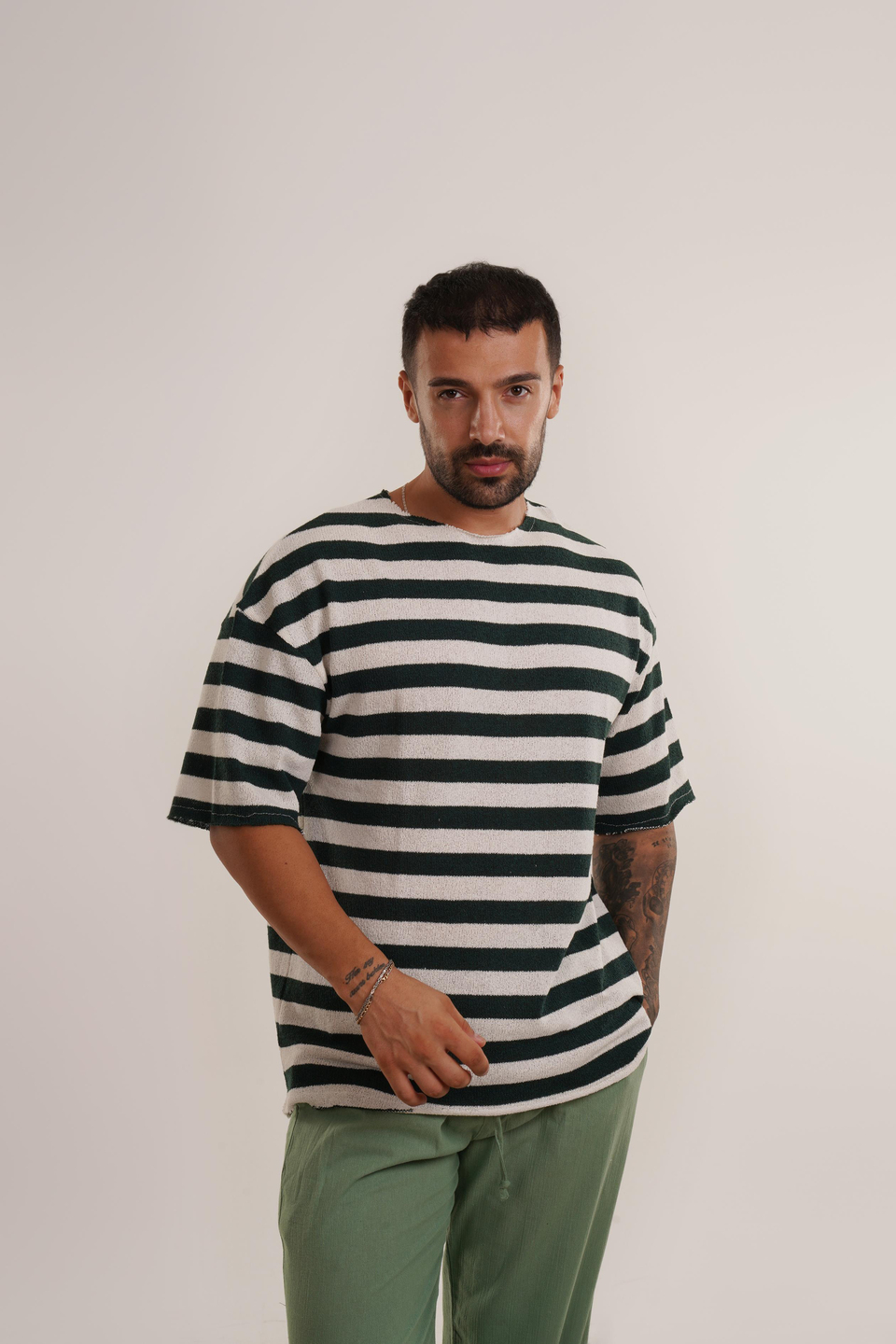 OVERSİZE T-SHİRTZümrüt Yatay Çizgili Pis Kesim Triko Havlu Tshirt EST E70076