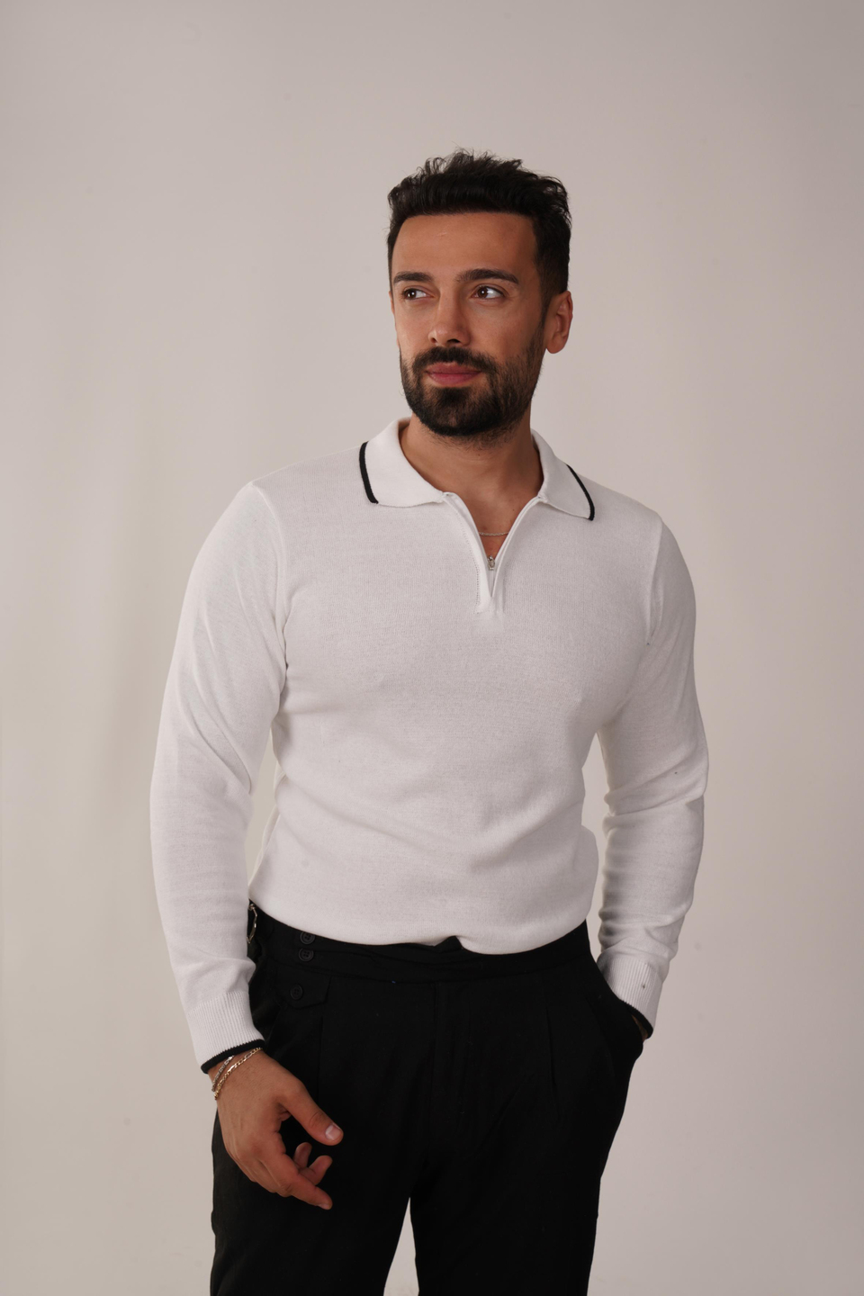 POLO YAKABeyaz Fermuarlı Triko Polo Yaka