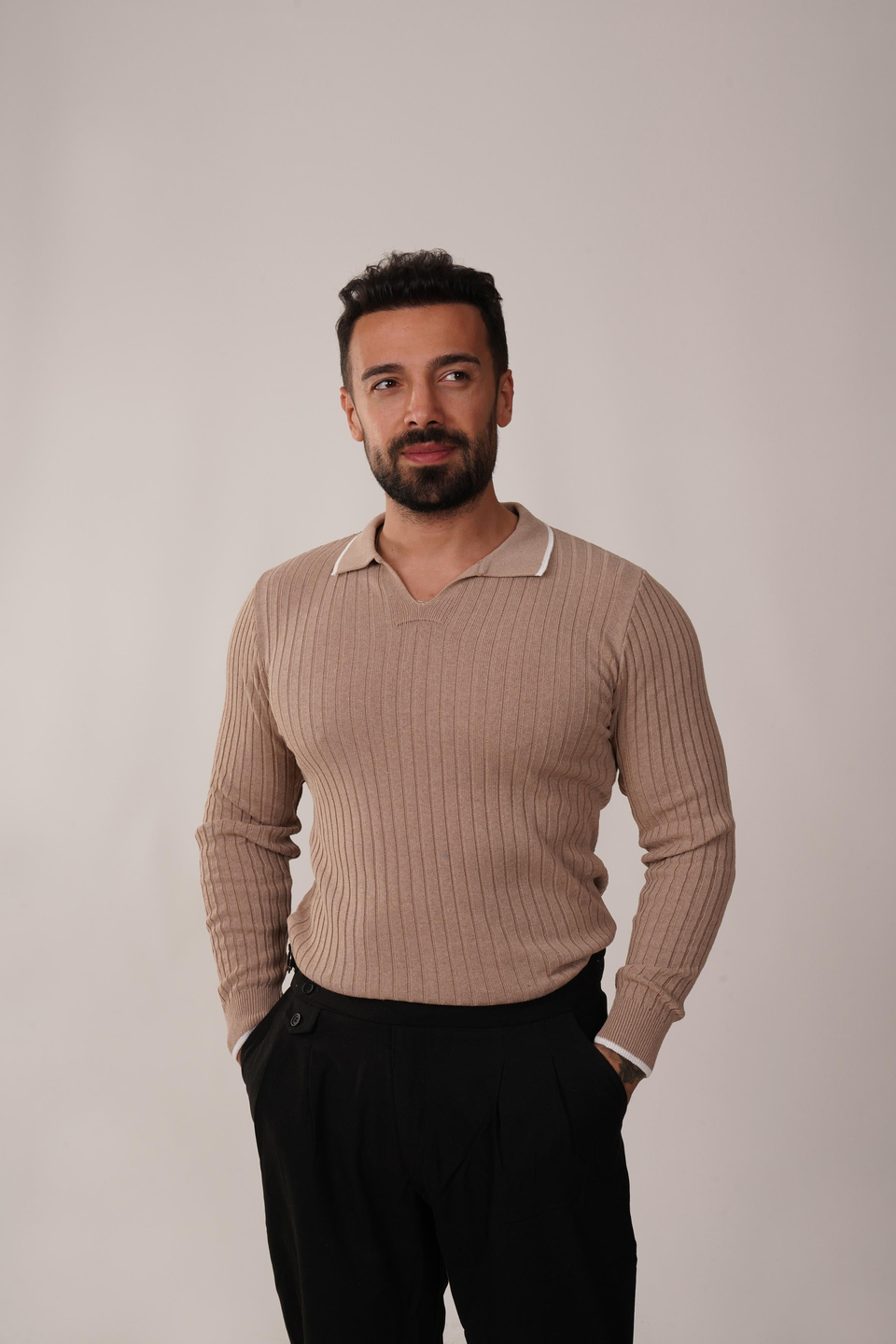 POLO YAKAKrem Fitilli Açma Yaka Polo Yaka