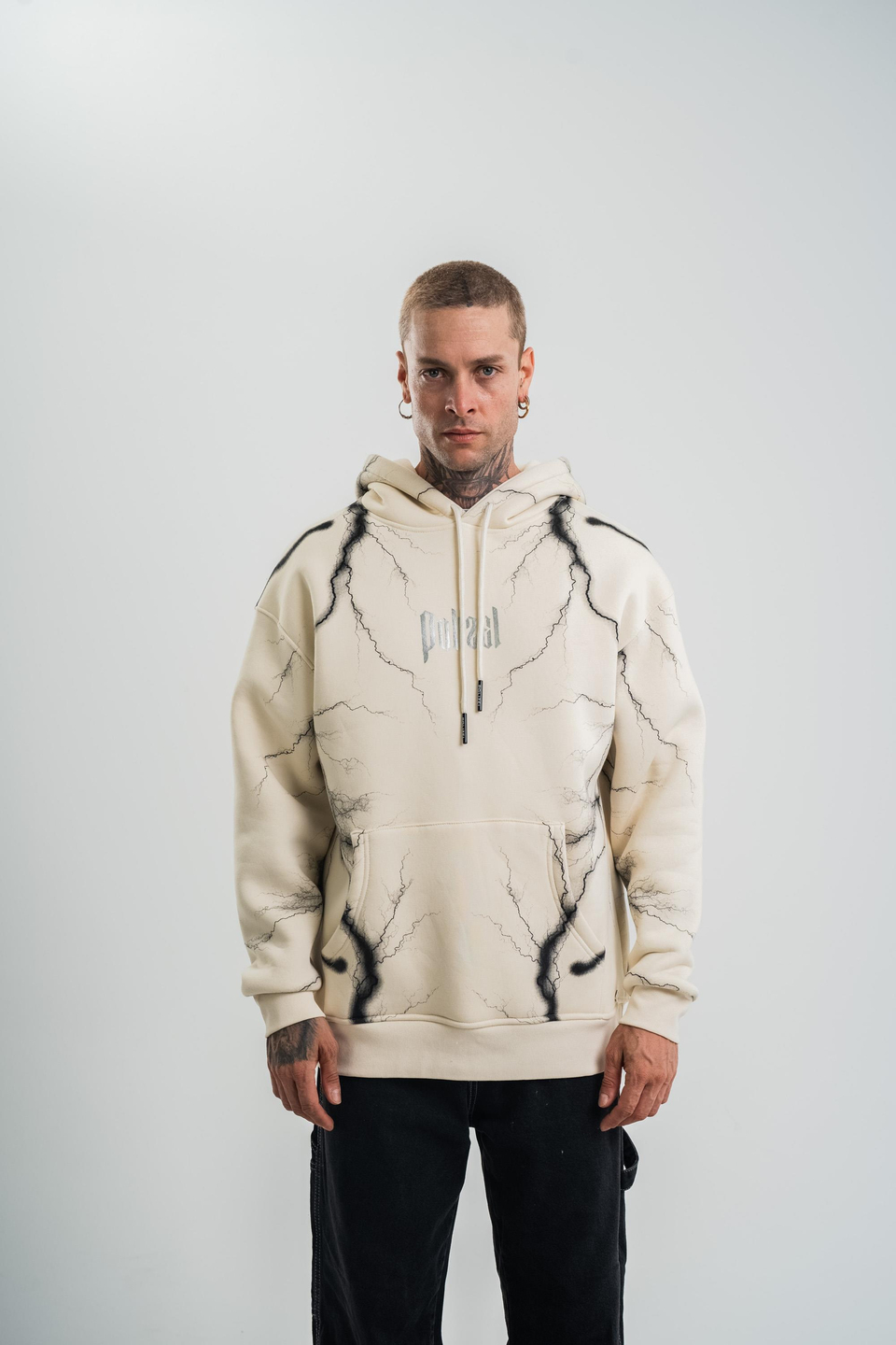 SweatBej Yıldırım Baskılı 3 İplik Kapşonlu Sweatshirt PLZ