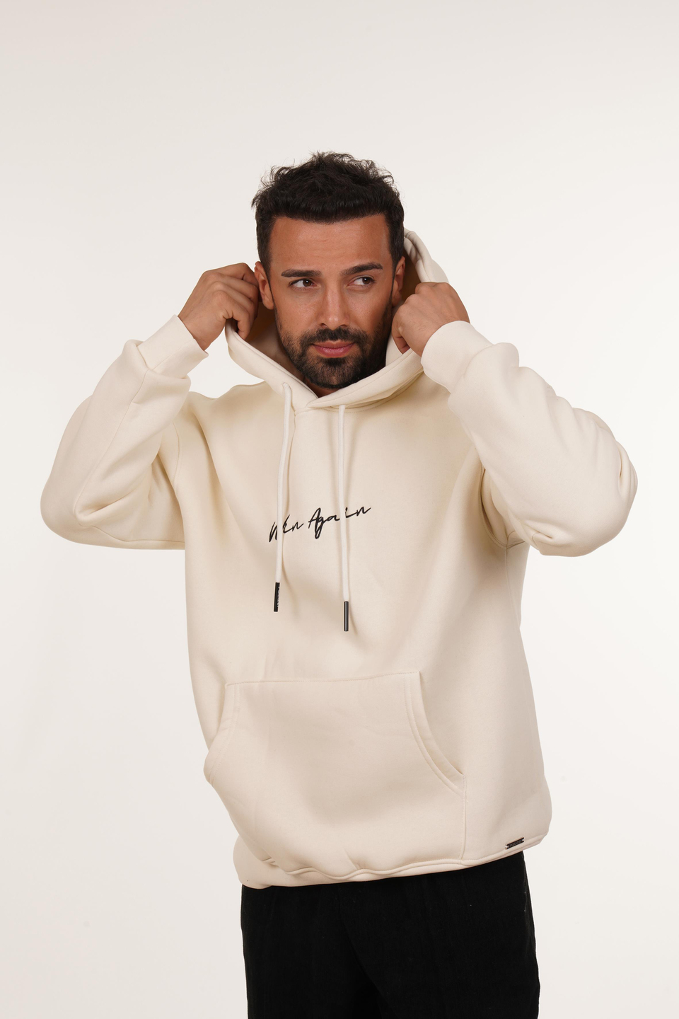 SweatBeyaz 3 İplik Oversize Winagain Yazılı Kapşonlu Sweatshirt PLZ