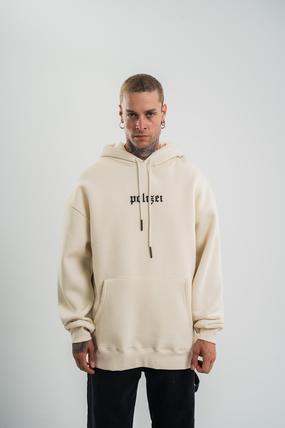 SweatEkru Yarım Polizei Nakışlı Peçli Kapşonlu Sweatshirt PLZ