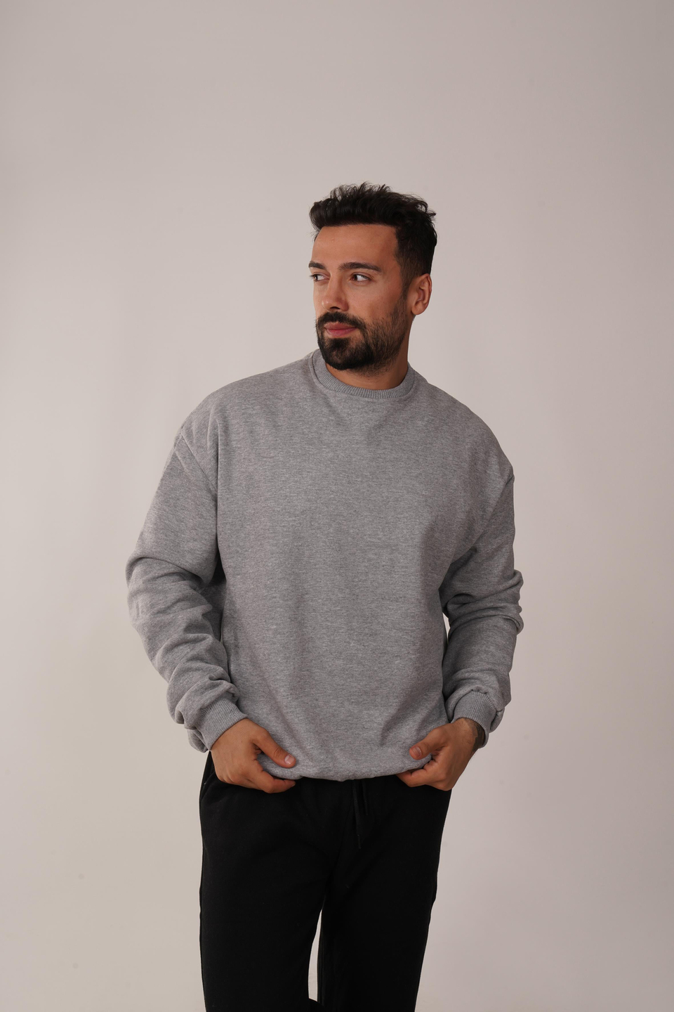 SweatGri 3 İplik Bisiklet Yaka Hoodie