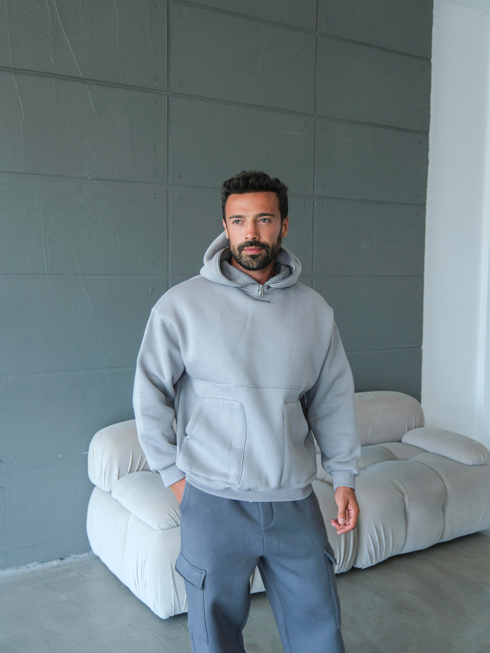 SweatGri 3 İplik Kapşonu Fermuarlı Sweatshirt VS1023