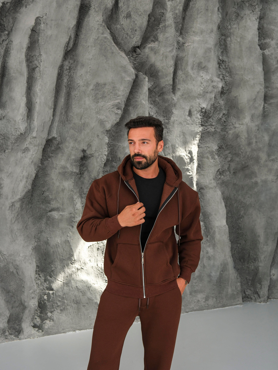 SweatKahve 3 İplik Oversize Compak Tam Fermuarlı Kapüşonlu SC