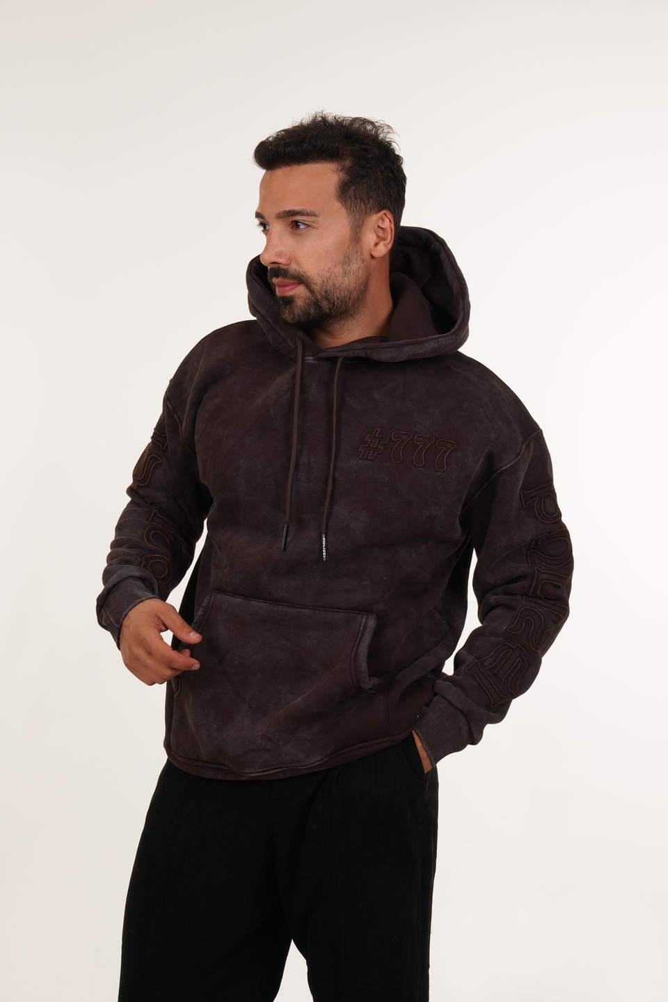 SweatKahve 777 Yazılı Kapşonlu Sweatshirt PLZ